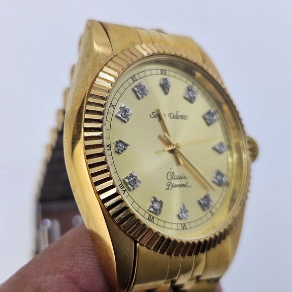 VTG Sergio Valente Watch 36MM Gold Dial Gold Bracelet Diamonds 7.5" NewBattery - Picture 7 of 15